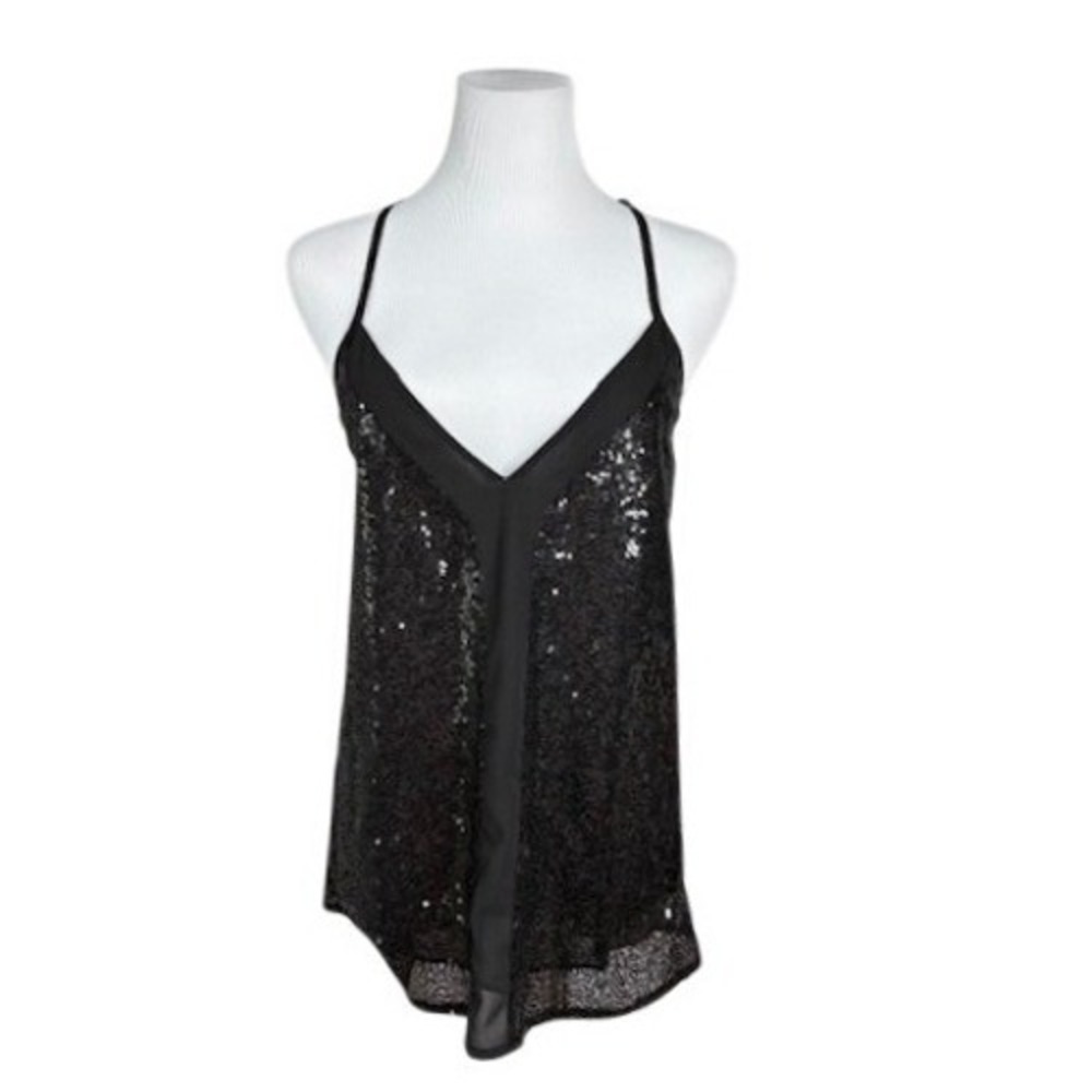 Beyove Womens Black Sequin V-Neck Cami Tank Top Sleeveless Racerback XL New